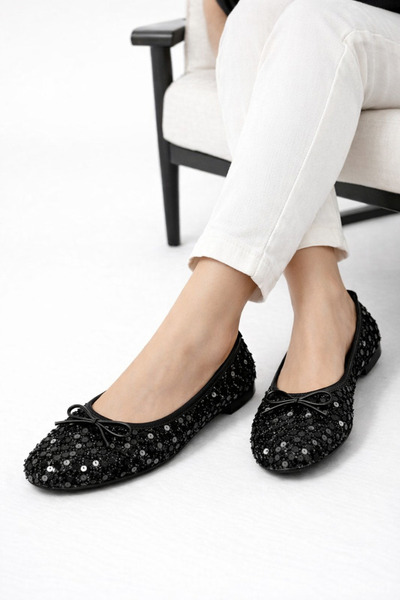 redtan Women's Black Sequined Ballerinas Modern Design Casual Shoes