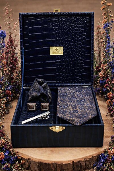 Kravatkolik Navy Blue Men's Gift Box - Tie, Handkerchief, Cufflinks, Tie Clip...