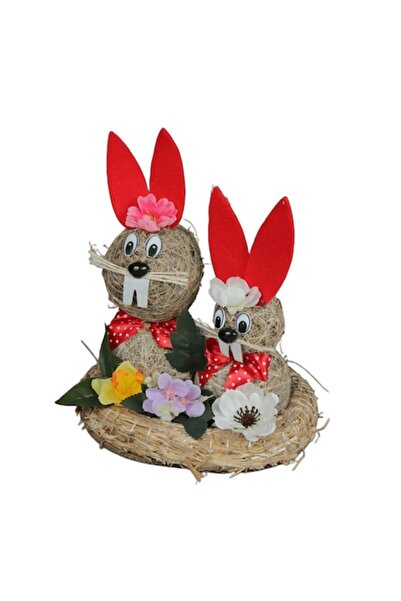 OEM Set of 2 Decorative Straw Rabbits – Red-Grey with Flowers, 30×25 cm