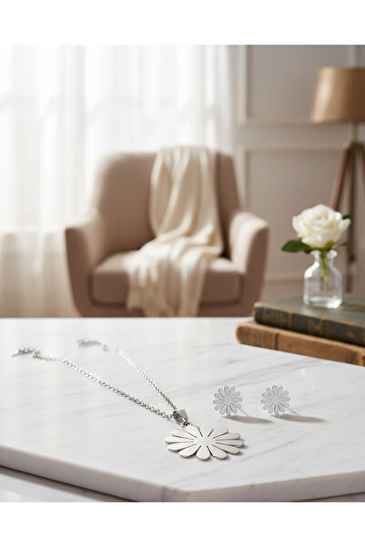 Mateo Caballo Silver flower necklace and earrings set, 316 stainless steel, H...