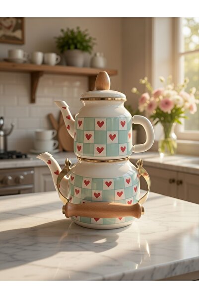 ALEV EMAYE Kalpli Emaye Çaydanlık Seti Beyaz-Mavi-Kırmızı - Damalı Desenli Çi...