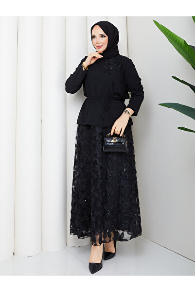 Wual giyim Women's Floral Embroidered Hijab Two-Piece Set – Belted Top & Lace...