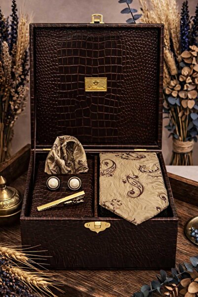 Kravatkolik Brown Men's Gift Box - Tie, Handkerchief, Cufflinks, Tie Clip Set...