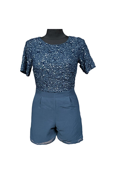 OEM Lace & Beads Jumpsuit - Shorts, Drapey Material, Women - Navy Blue, Size 36
