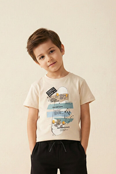 Zekalya Boy's Beige Skateboard Printed 100% Cotton T-Shirt
