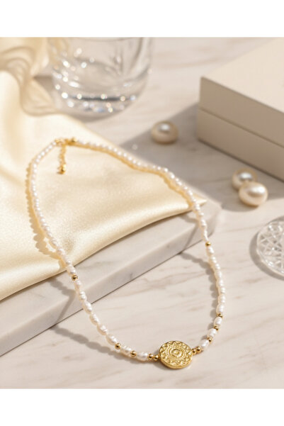 Mateo Caballo Cultured pearl necklace with copper accessory – irregular sun 1...