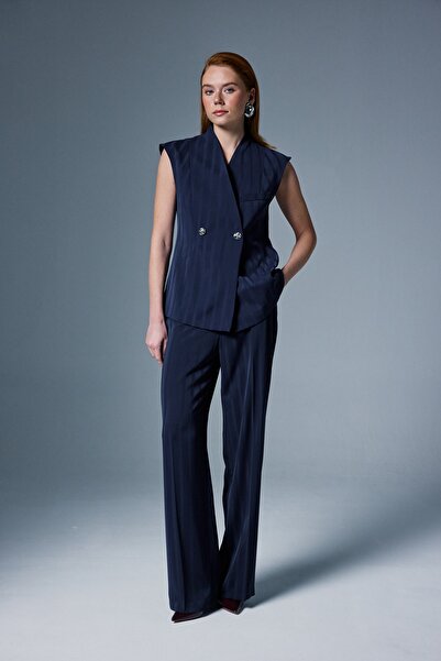 Sateen Anna Striped Trousers - Navy Blue