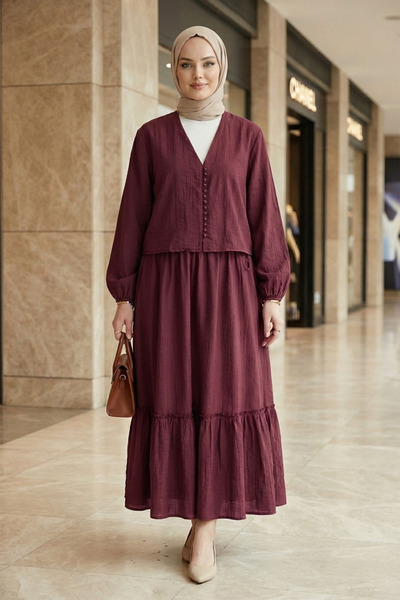 FERHEL Women's V-Neck Buttoned Skirted Comfortable Cut Viscose Suit - Burgundy