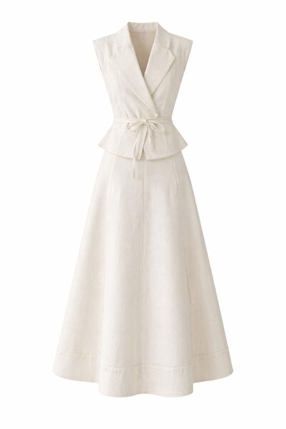 HAZELANNA Denim Ecru Vest-Skirt Set