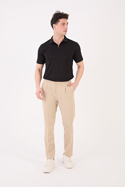 Erkek Bej Slim Fit İtalyan Kesim Kemer Detaylı Klasik Pantolon 012 Model