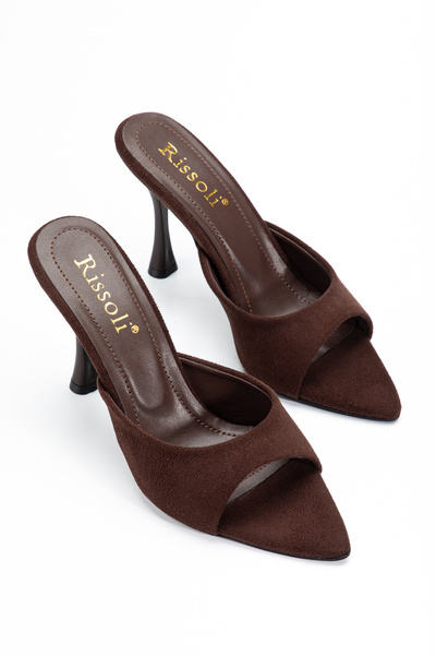 RİSSOLİ Women's Brown Suede Pointed Toe Heeled Sandals