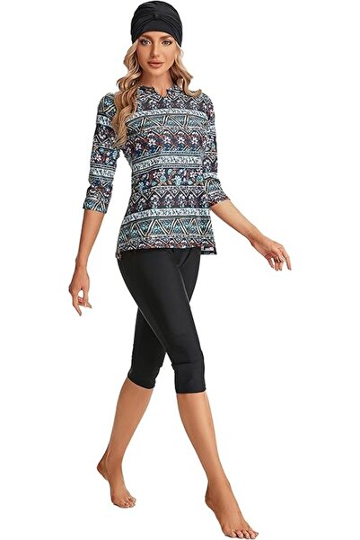 OEM Women's Swimsuit - Floral Pattern, 3/4 Sleeve, Polyester and Spandex - Bl...