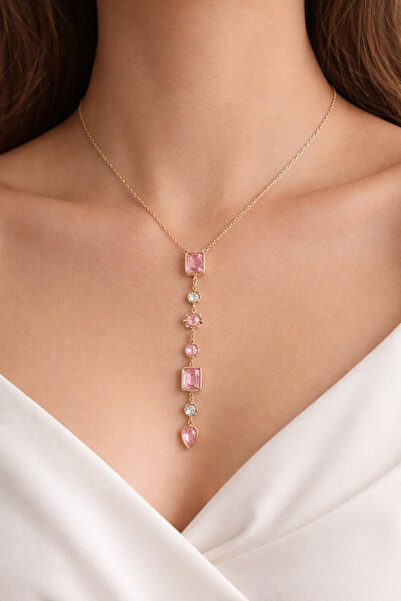VENİV Pink stone y necklace - premium stainless steel