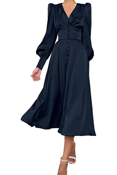 OEM Rochie Maxi Damă Satin - Stil Vintage, Talie Înaltă, Mâneci Bufante - Ble...