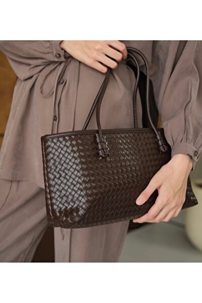 Giseca Botty - Acı Kahve Örgü Desenli Şık Kadın El ve Omuz Çantası