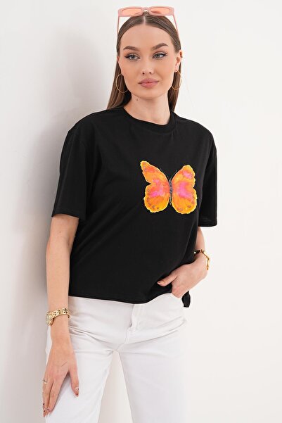 ŞİMAL تي شيرت نسائي كبير الحجم بياقة دائرية وتفاصيل مطبوعة 260143 -