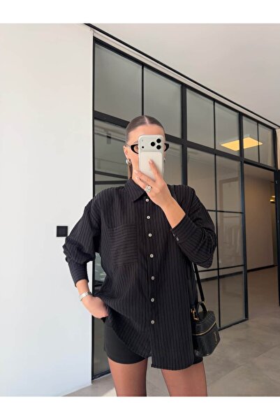 BB Bensu Buyruk Oversize Striped Tencel Shirt Black