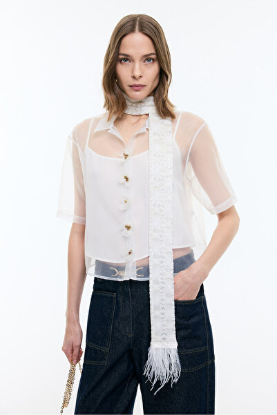 Roman Çiçek Motifli Kısa Kol Organze Gömlek Beyaz YY013530_002