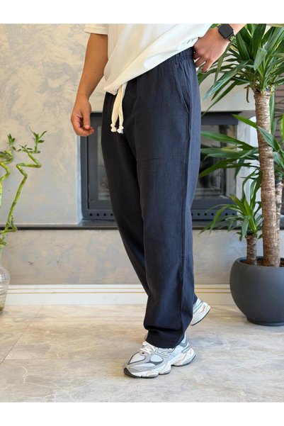 ECARTS Men's Relaxed Fit Linen Trousers with Elastic Waist and Laces, Navy Blue Eca062