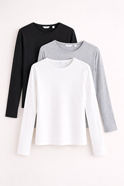 COMBİNE MİCHAİL Women's Long Sleeve Cotton Basic Slim Fit 3-Piece Blouse