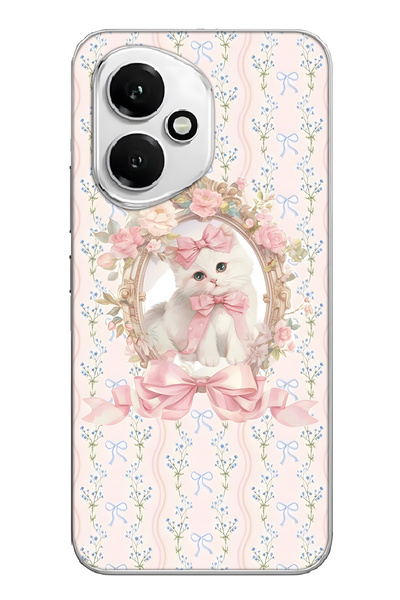 FLAMENKO Honor 400 Uyumlu Pembe Fiyonklu Kedi Desenli Şeffaf Telefon Kılıfı