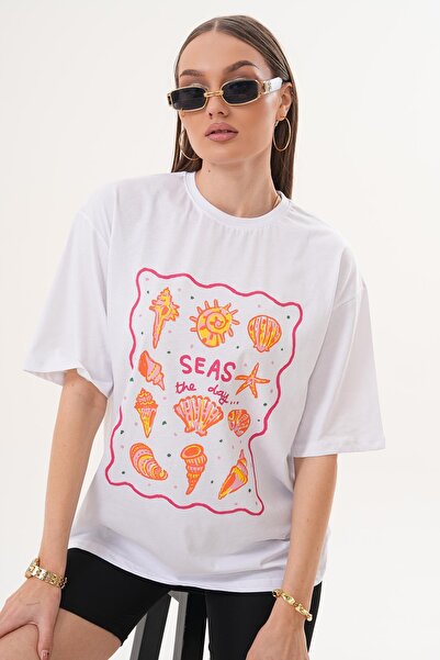 ŞİMAL Women's Print Detailed Crew Neck Oversize T-Shirt 260156 -