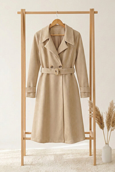 FERHEL Women's Waist Belt Detailed Pocketed Suede Cap Trench Coat Beige