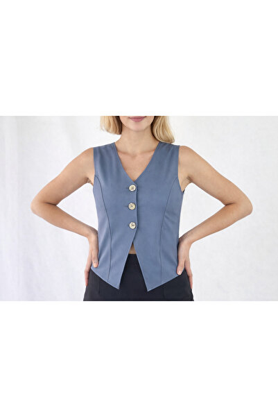 YAXİ Body-Conforming V-Neck Unlined Light Blue Woven Vest