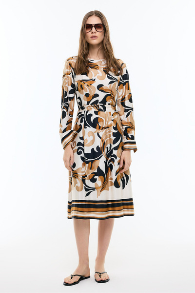 Roman Bisiklet Yaka Beli Kuşaklı Midi Boy Elbise Standart Renk K2652012_089