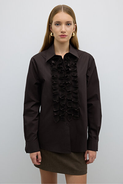 Roman Önü Plise Detaylı Gömlek Kahve K2613524_005