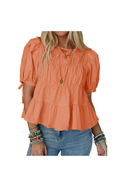 OEM Bluză Damă Babydoll - 100% Bumbac, Mâneci Bufante, Lejeră, Portocaliu, Mă...