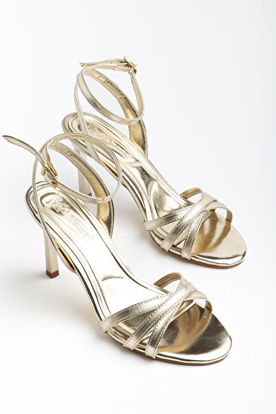RİSSOLİ Gold Cross-Strapped Ankle Strap Heeled Women's Sandals