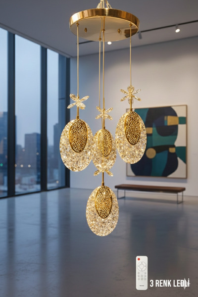 Akgül 4'lü Hilal Gold Kumandalı Led Avize 3 Renkli