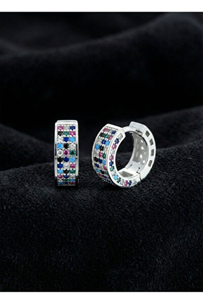 Roza Silver 925 Ayar Mix taşlı Rodyum Üç Sıra Huggie Halka Gümüş Küpe