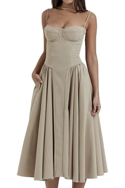 OEM Rochie Lungă de Vară - Stil Vintage, Bretele Spaghetti, Buzunare - Cafea,...