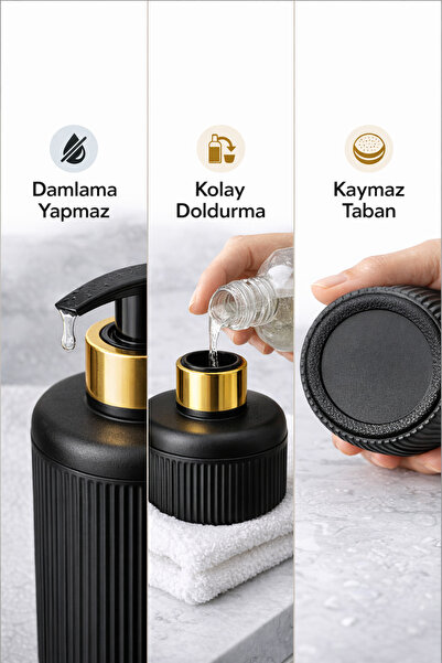 grimorlife 2 Adet Premium Siyah Gold Sıvı Sabunluk Seti – Banyo & Mutfak Uyumlu 400 ML