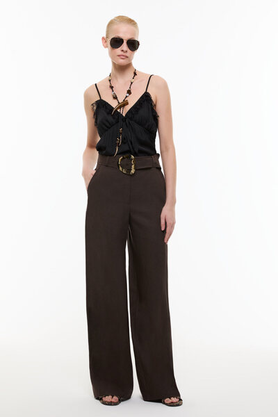 Roman Yüksel Bel Geniş Paça Kemer Detaylı Keten Pantolon Kahve YY012034_005