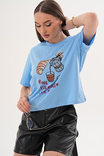 ŞİMAL تي شيرت نسائي كبير الحجم بياقة دائرية وتفاصيل مطبوعة 260144 -