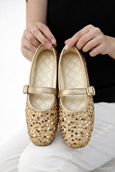 redtan Women's Gold Sequin Buckle Ballerinas Modern Design Casual Shoes
