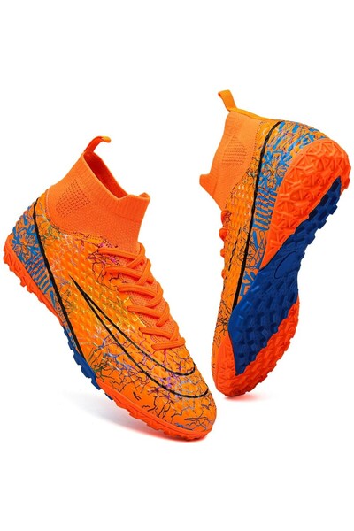 OEM Men's Football Boots - Turf Cleats, PVC Leather , Sock, Size 36 EU, Orange