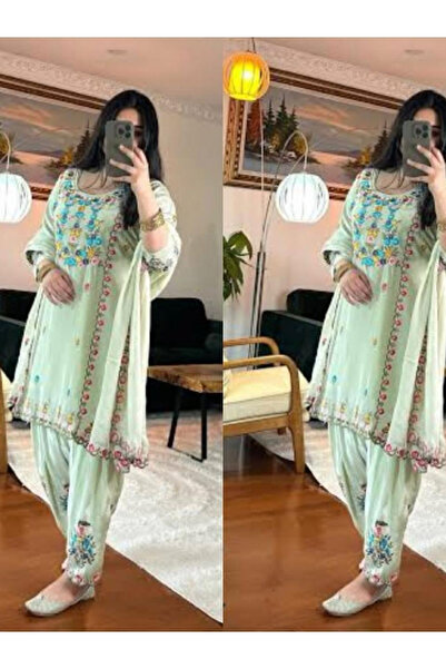 MYSMAR Pista Green Chinnon Silk Kameez Salwar & Dupatta - HRT3375 | Pista Green