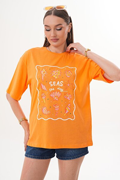 ŞİMAL Women's Print Detailed Crew Neck Oversize T-Shirt 260156 -