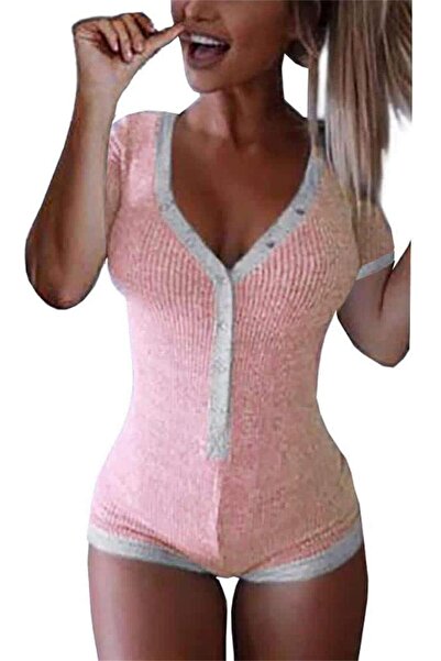 OEM Body damă roz-gri - Material reiat, Mânecă scurtă, Decolteu în V, Elastan...