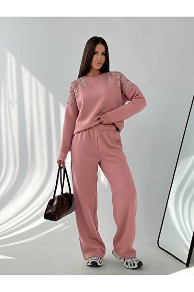 Koza Butik Women's Long Sleeve Shoulder Pearl Embroidered Wide Leg Tracksuit ...