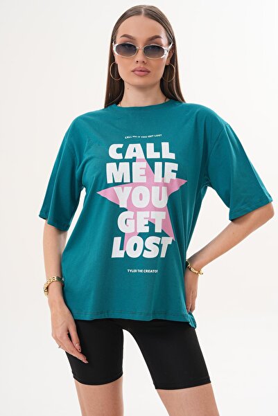 ŞİMAL Γυναικείο μπλουζάκι με λεπτομέρεια στάμπας και λαιμόκοψη ποδηλάτου, ove...