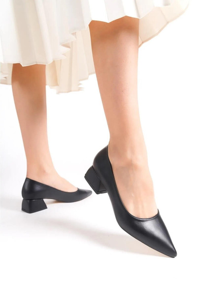 asmi shoes Women's Marya Black Skin 3.5 cm Thick Heeled Shoes Black