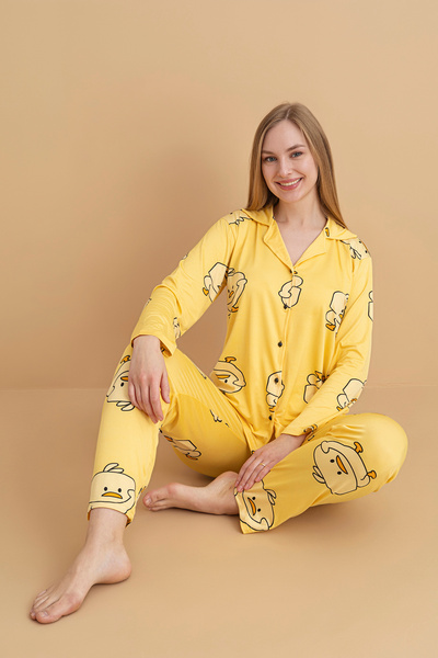 Pijamax Women's Chick Pattern Front Buttoned Long Sleeve Knitted Pajama Set