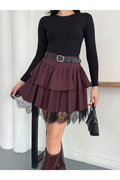 Ekim Store Belted Lace Detailed Layered Short Skirt