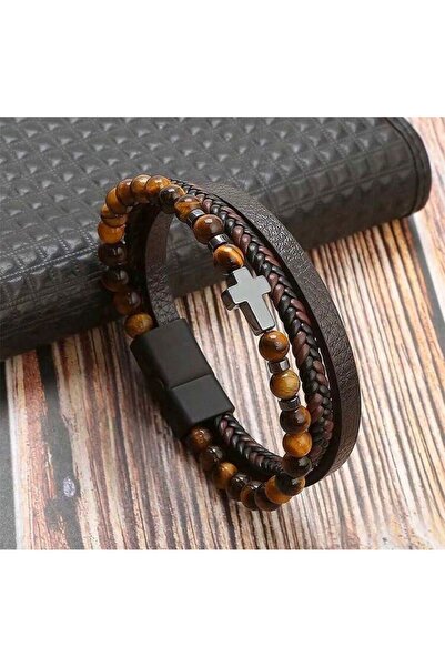 Handmade Triple Leather bracelet with brown cross