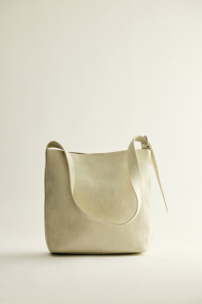 LUTVELIZADE Çanta 2614 - Geometrik Dokulu Deri Görünümlü Kırık Beyaz Kadın Çanta